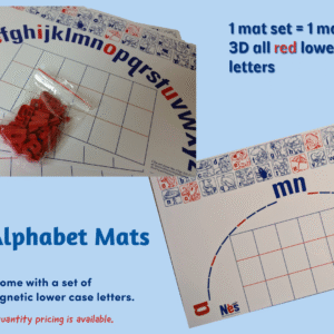 NES lower case mat front and back showing the bag of plastic letters. A mat set = 1 mat and 1 bag of 28 red plastic letters