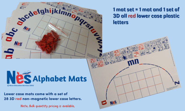 NES lower case mat front and back showing the bag of plastic letters. A mat set = 1 mat and 1 bag of 28 red plastic letters