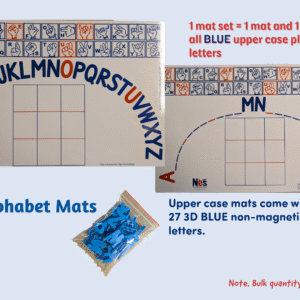 Front and back of the NES upper case mats shown with an accompanying bag of 27 blue upper case plastic letters. Mats are 11x17.