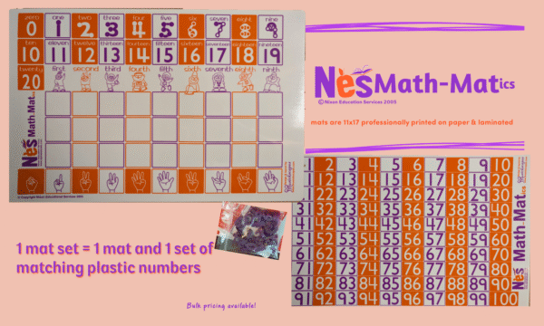 Math-Matics mats showing front and back. Mats are 11x17 and come with 34 purple, non-magnetic numbers.