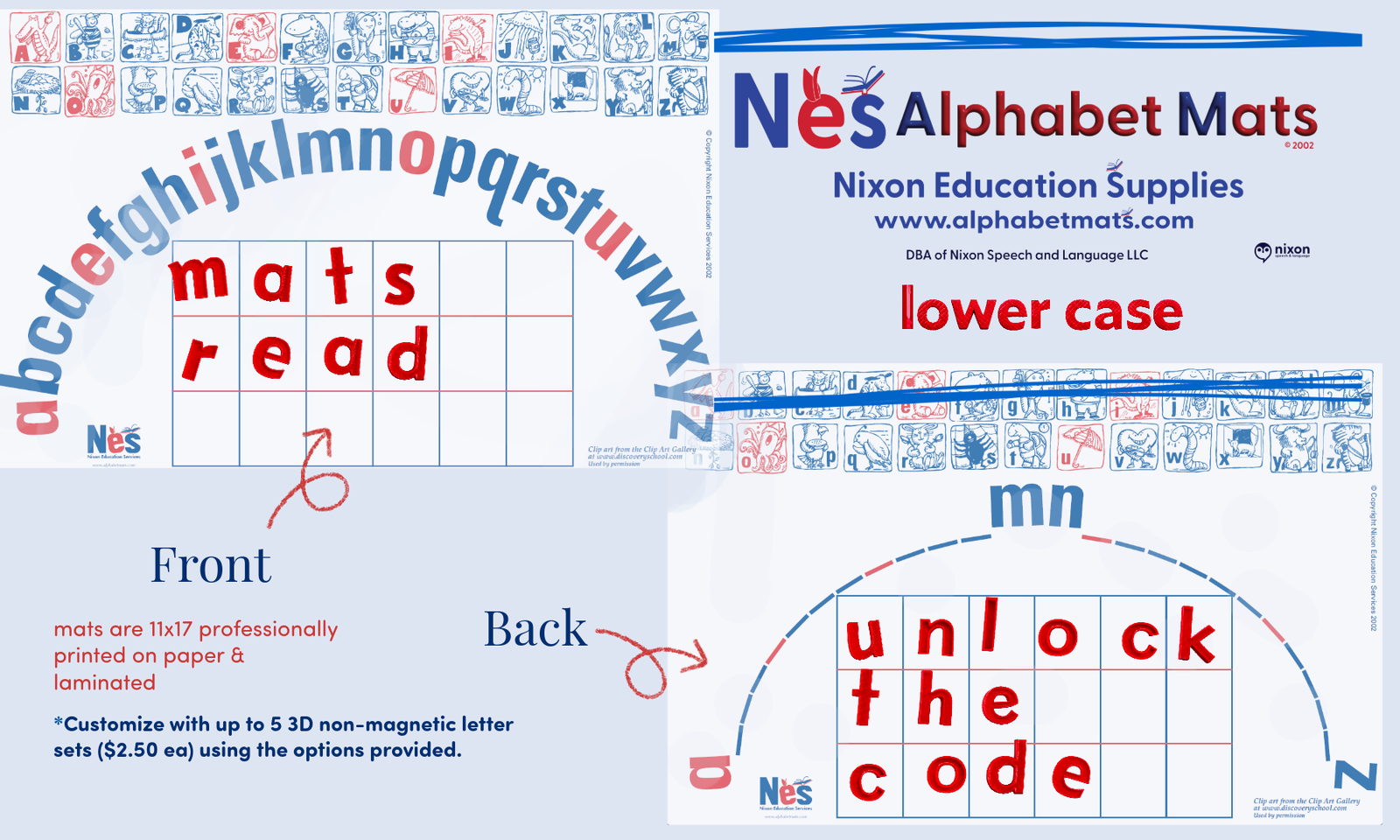 Lower-case alphabet mat with mock 3D plastic letters showing how to use the grid!