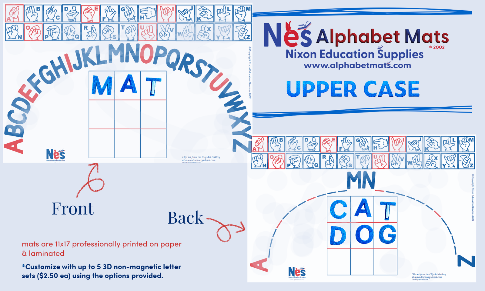 Front and back of our upper-case mat with mock plastic letters showing the grid