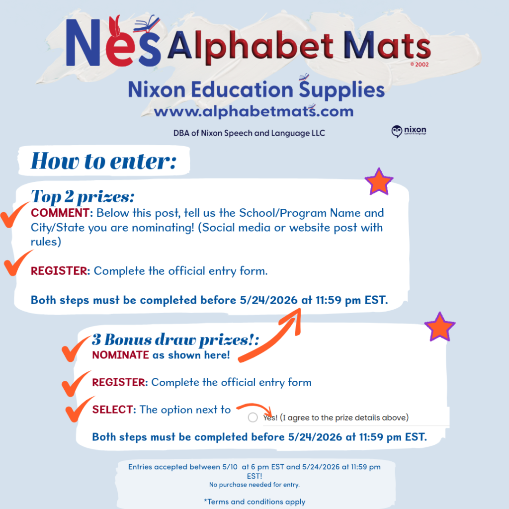 Here is the specific alt text for your "How to enter" graphic, along with a quick sanity check on the "Terms and Conditions" before you hit the big green button. Alt Text for "How to Enter" Graphic: "Instructional graphic for the Nixon Education Supplies Founder’s Legacy Giveaway. Top header features the NES Alphabet Mats logo, website alphabetmats.com, and company details. Under the title 'How to enter,' the graphic is split into two sections. Top 2 prizes: 1) Comment on the post with the school name and location being nominated. 2) Register by completing the official entry form. Deadline: 5/24/2026 at 11:59 pm EST. 3 Bonus draw prizes!: 1) Follow nomination steps. 2) Register via the official form. 3) Select 'Yes' agreeing to prize details on the form. Deadline: 5/24/2026 at 11:59 pm EST. Bottom footer: Entries accepted from 5/10 at 6 pm EST to 5/24/2026 at 11:59 pm EST. No purchase needed for entry. Terms and conditions apply.