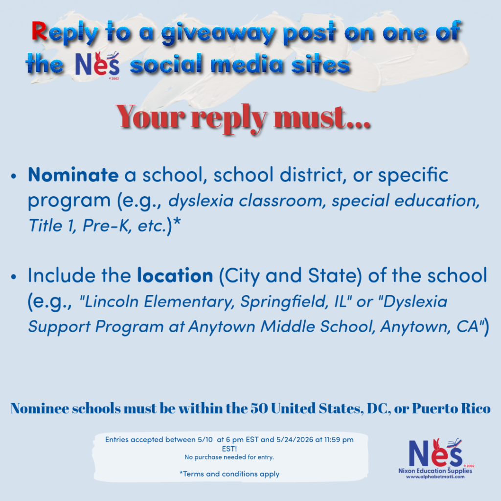 Instructional graphic for the Nixon Education Supplies Founder’s Legacy Giveaway explaining the requirements for a social media entry. The header reads, 'Reply to a giveaway post on one of the NES social media sites'
