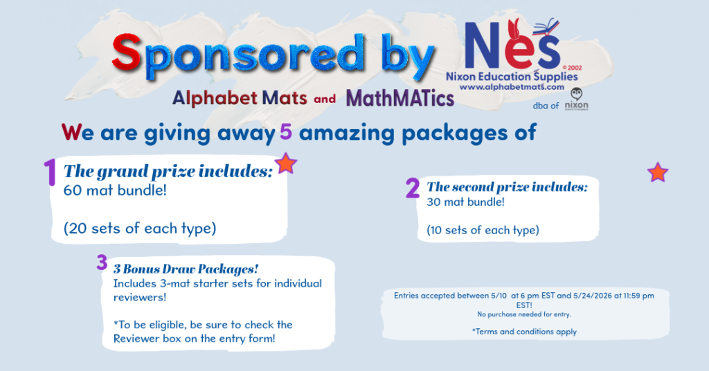 Promotional graphic for the Nixon Education Supplies Founder’s Legacy Giveaway. The top of the image says 'Sponsored by NES Nixon Education Supplies' with the website alphabetmats.com and logos for Alphabet Mats and MathMATics. The main text announces, 'We are giving away 5 amazing packages of.